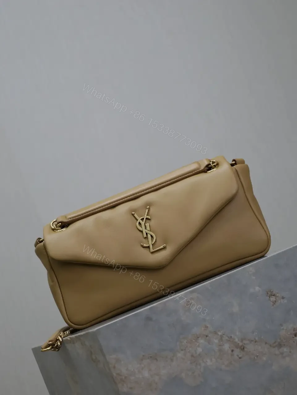 View 8 of Chic Taupe Calfskin Envelope Bag with Monogram Hardware