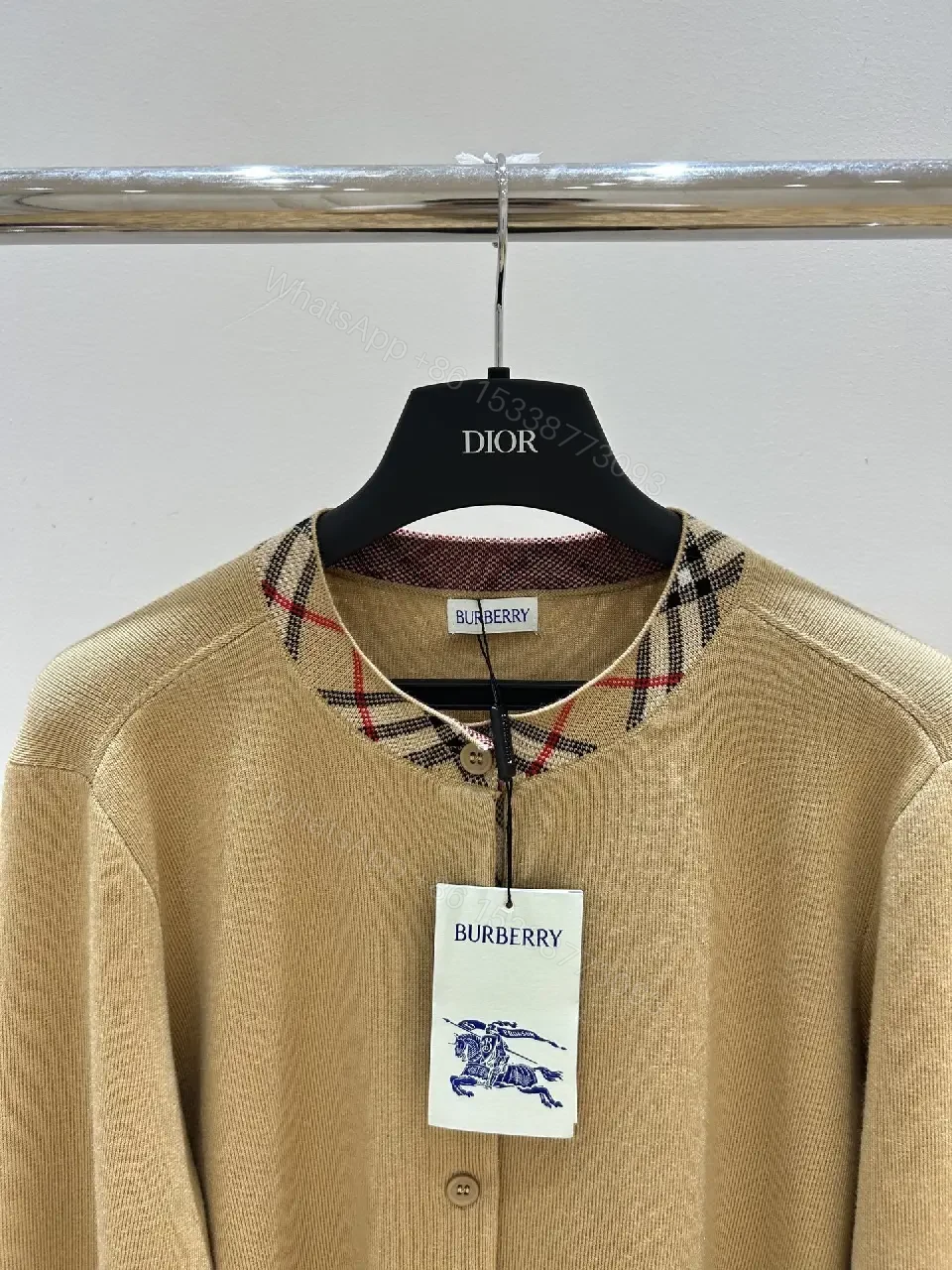 View 9 of Warm Camel Merino Knit Cardigan with Luxe Interior Check