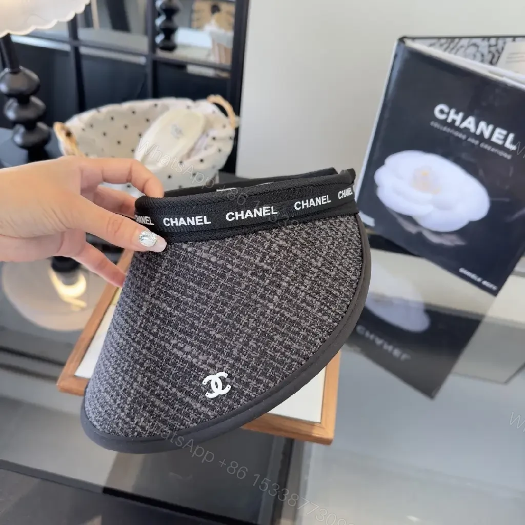 View 5 of Dark Gray Tweed Visor Cap with White Chanel Logo and Silver Emblem