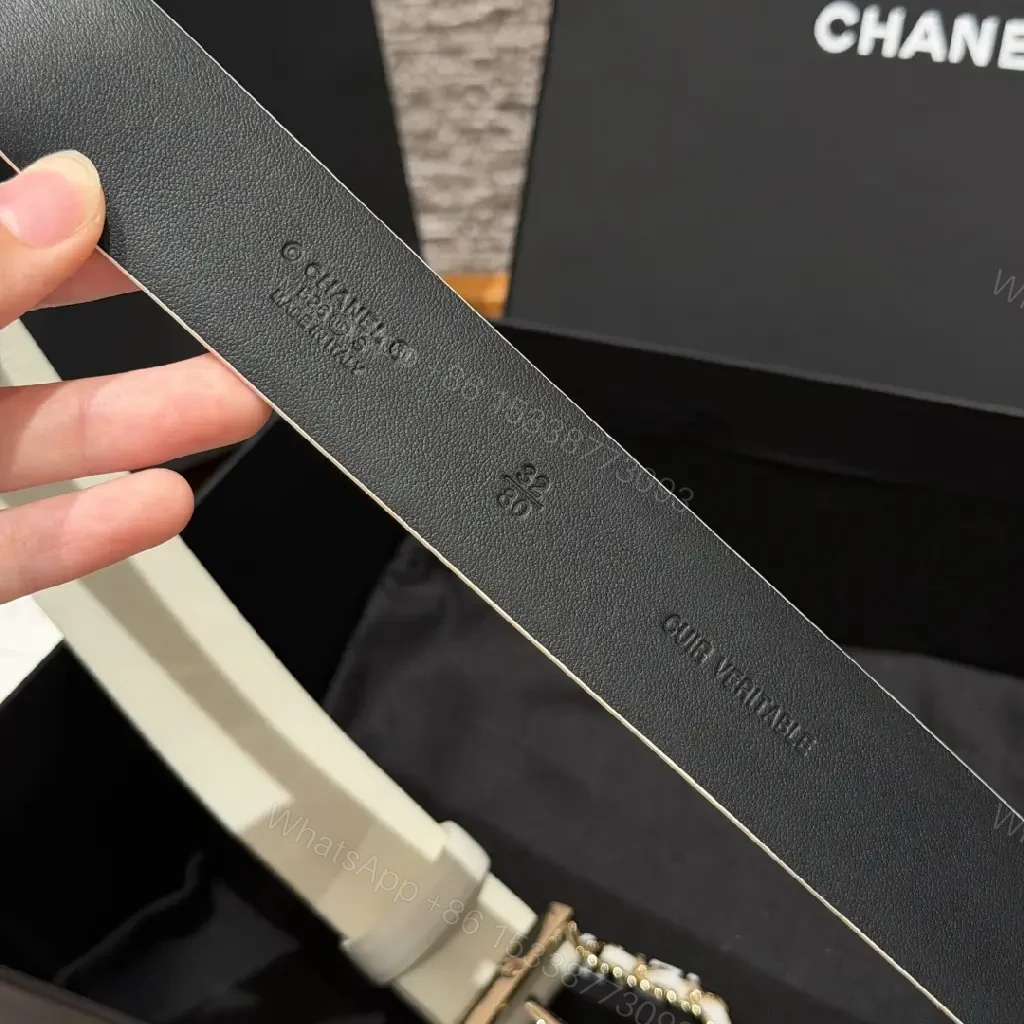 View 2 of White Leather Belt Gold Chain Buckle Modern Chic Chanel Logo Tag Belt