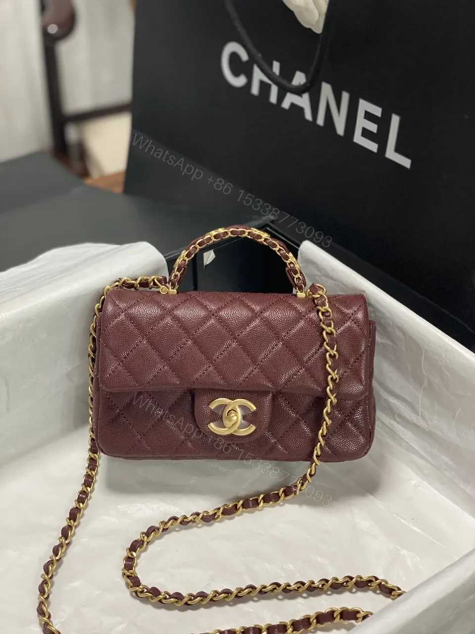 Burgundy Quilted Mini Bag with Gold Chain - Chic & Compact — view 1