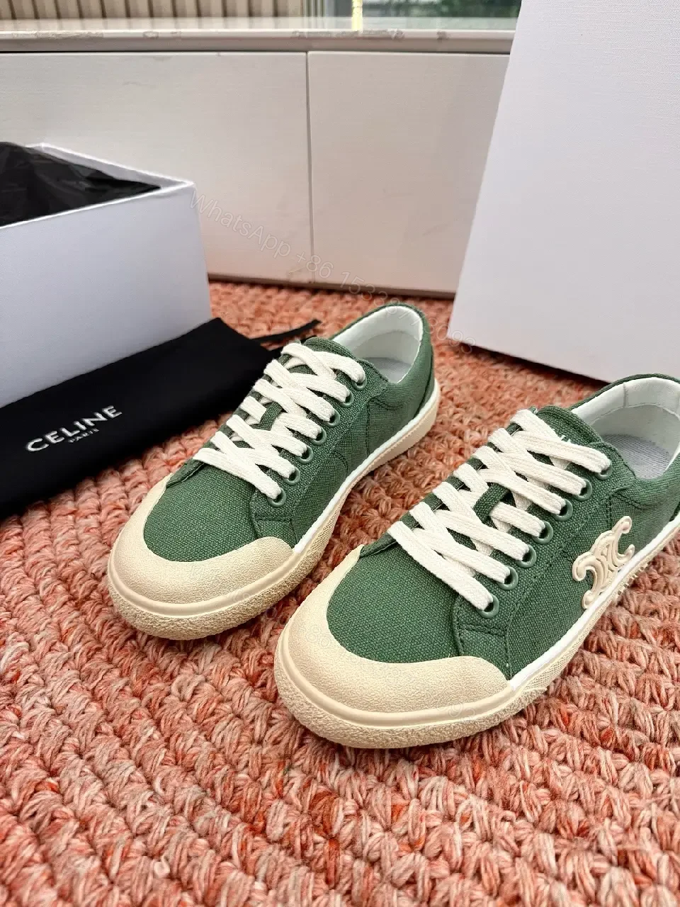 View 4 of Green Canvas Sneakers with Off-White Rubber Sole