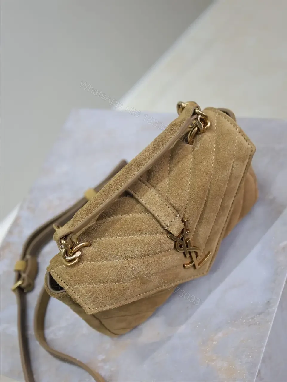 View 9 of Warm Taupe Quilted Mini Bag with Luxe Hardware, Envelope Flap