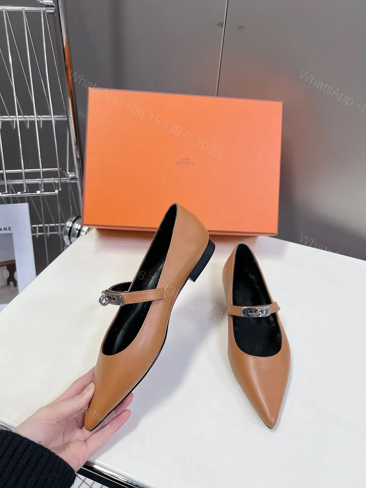 View 5 of Hermes Women Tan Leather Pointed Toe Flats