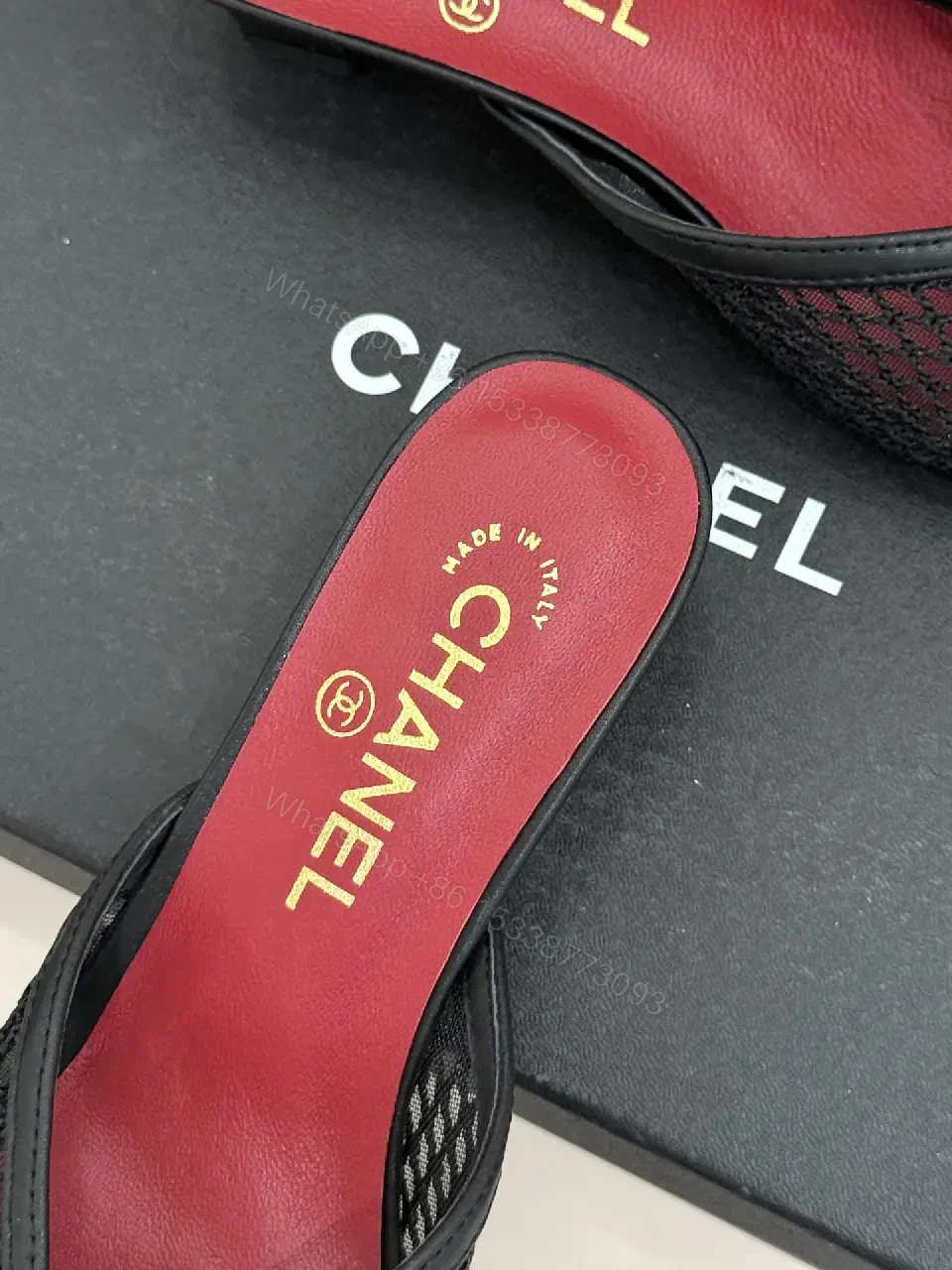 View 3 of Red/Black Satin Mesh Slip-On Heels Quilted Chain Bag (Chanel-inspired)