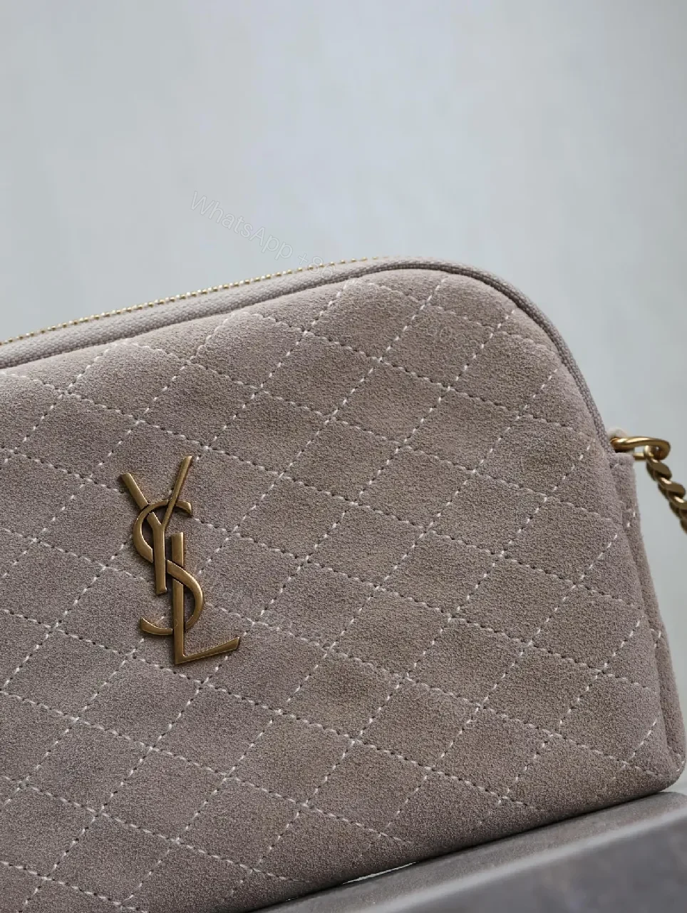 View 4 of Taupe Faux-Suede Quilted Crossbody, Elegant, Compact, Zippered Bag