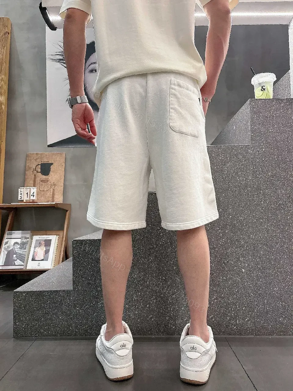 View 5 of White Knit Shorts Cotton Blend Casual Embroidered Script Short pants