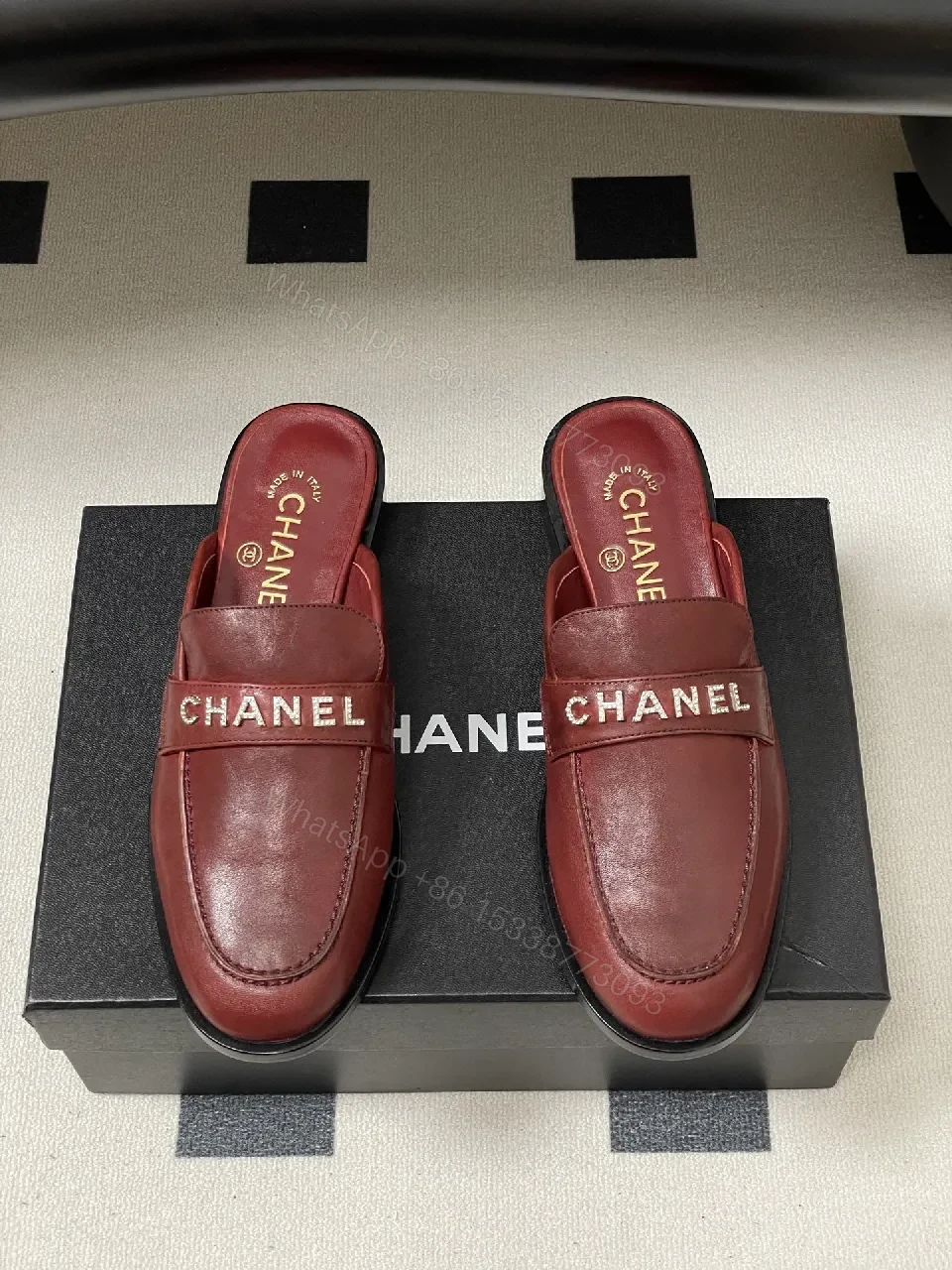 View 6 of Burgundy Leather Mule Slides with Signature Logo Billet