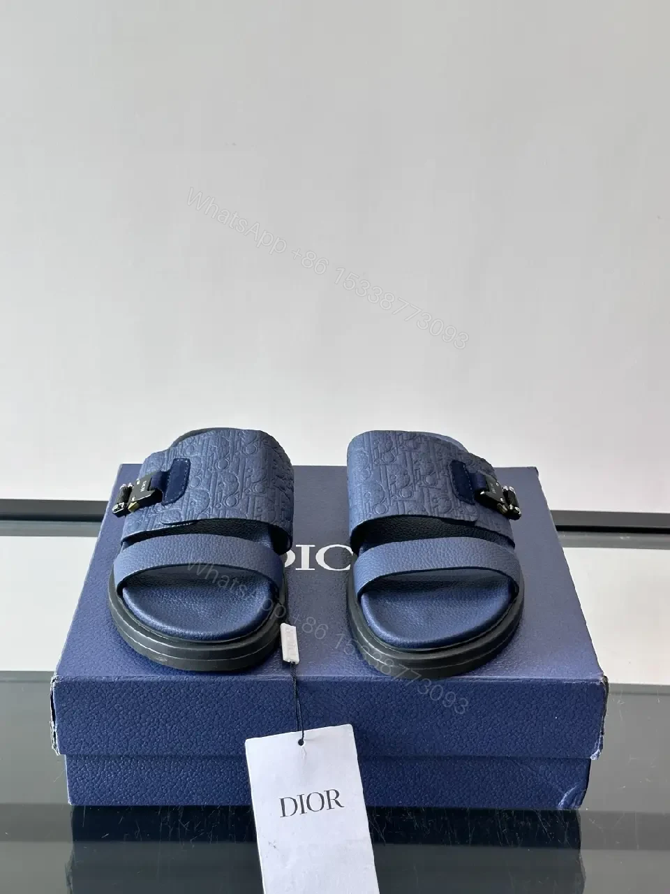 View 4 of Navy Leather Dior-Logo Slide Sandals with Buckle