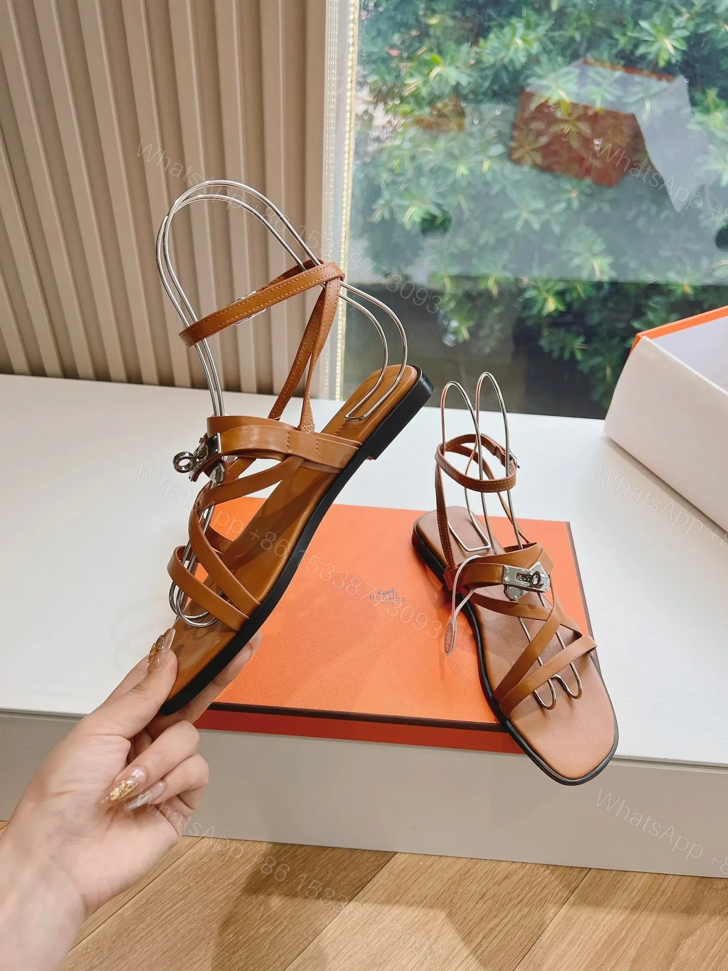 View 6 of Hermes Women Tan Leather Strappy Sandals