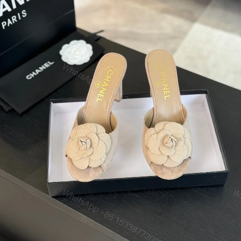 View 7 of Beige Camellia-Detail Sandals: Textured Luxury Slides