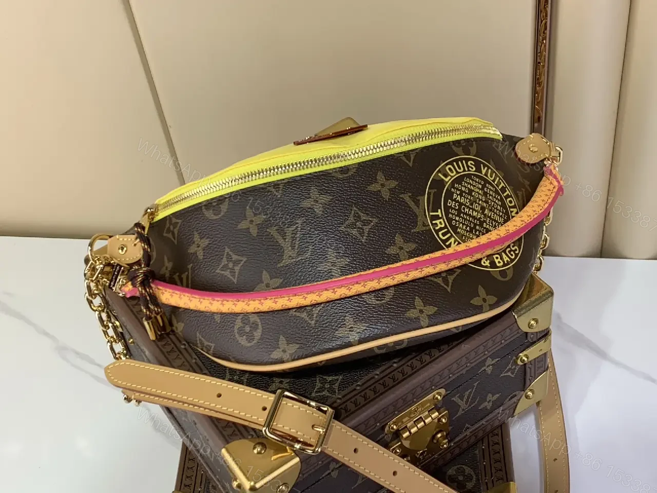 View 4 of Dark Brown LV Monogram Crescent Belt Bag with Yellow Top Panel