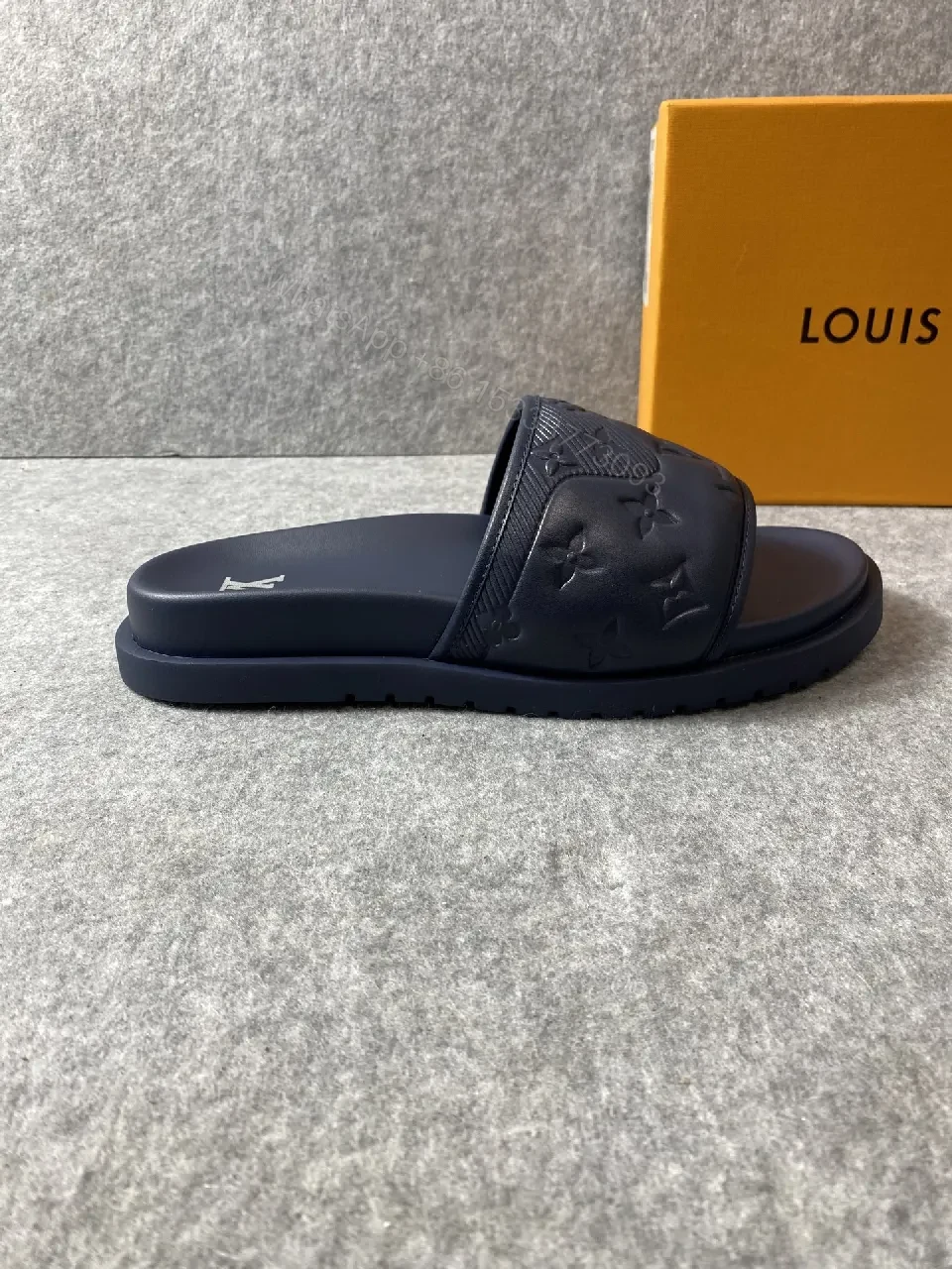 View 6 of Navy Leather Slide: Luxe Minimalist Embossed Comfort Slide
