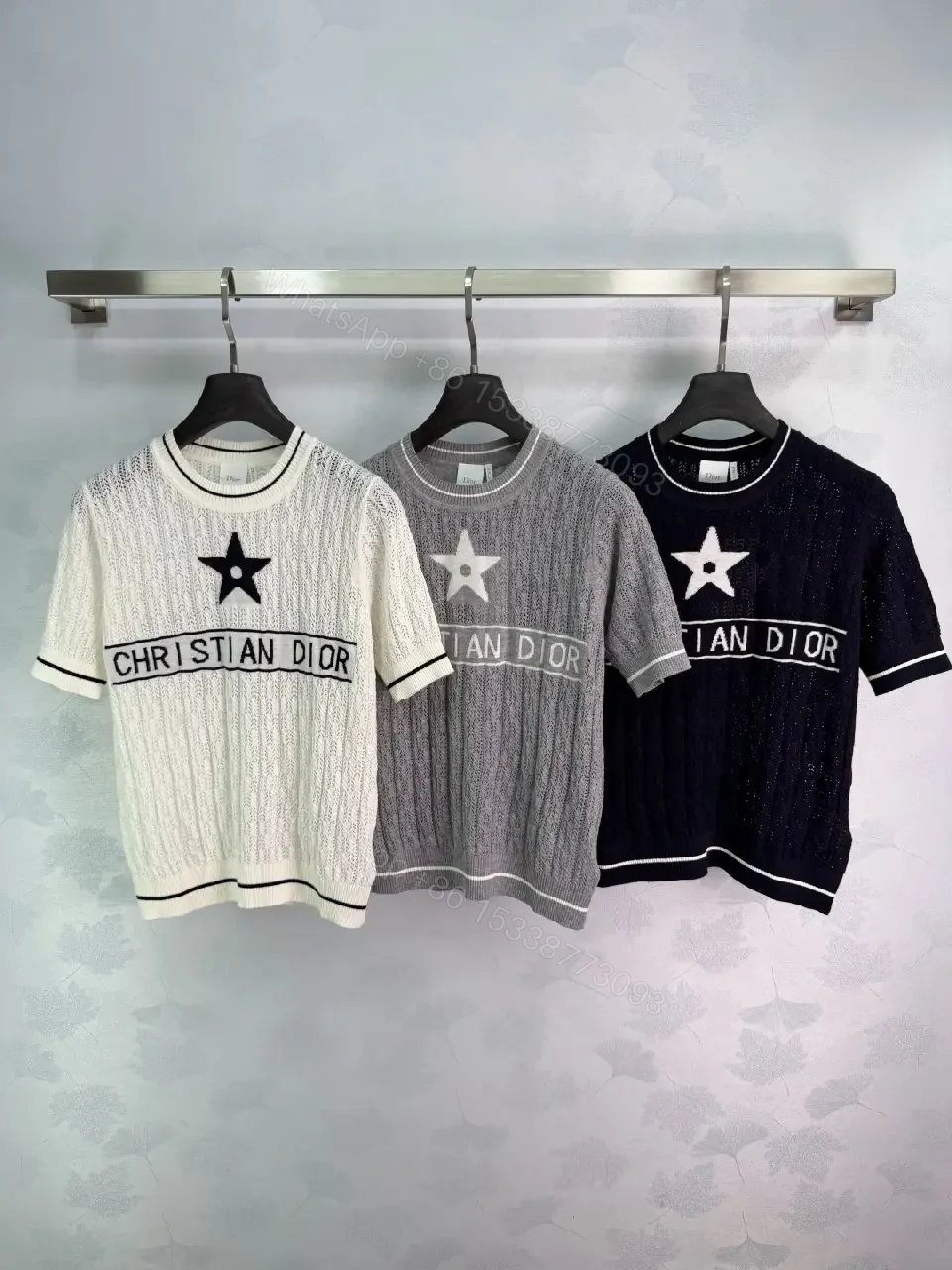 View 2 of White/Gray/Black Knit Short-Sleeve with Star Logo, Cable Knit, Dior Banner