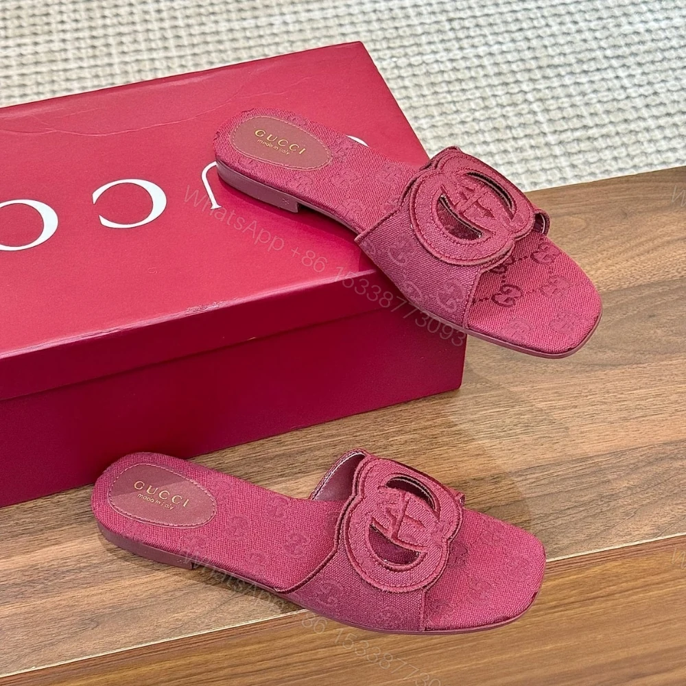 View 4 of GUCCI WOMEN SLIDE SANDAL WITH INTERLOCKING G ROSSO ANCORA RED GG CANVAS ‎790447 9SF00 8549