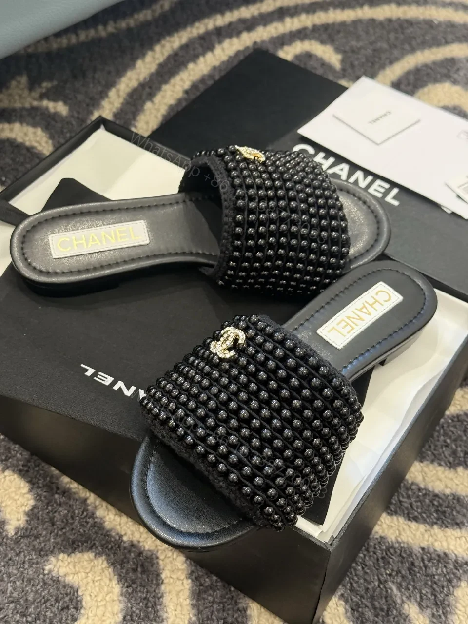 View 4 of Beaded Black Slide Sandals, Luxe-Beam, All-Day Comfort