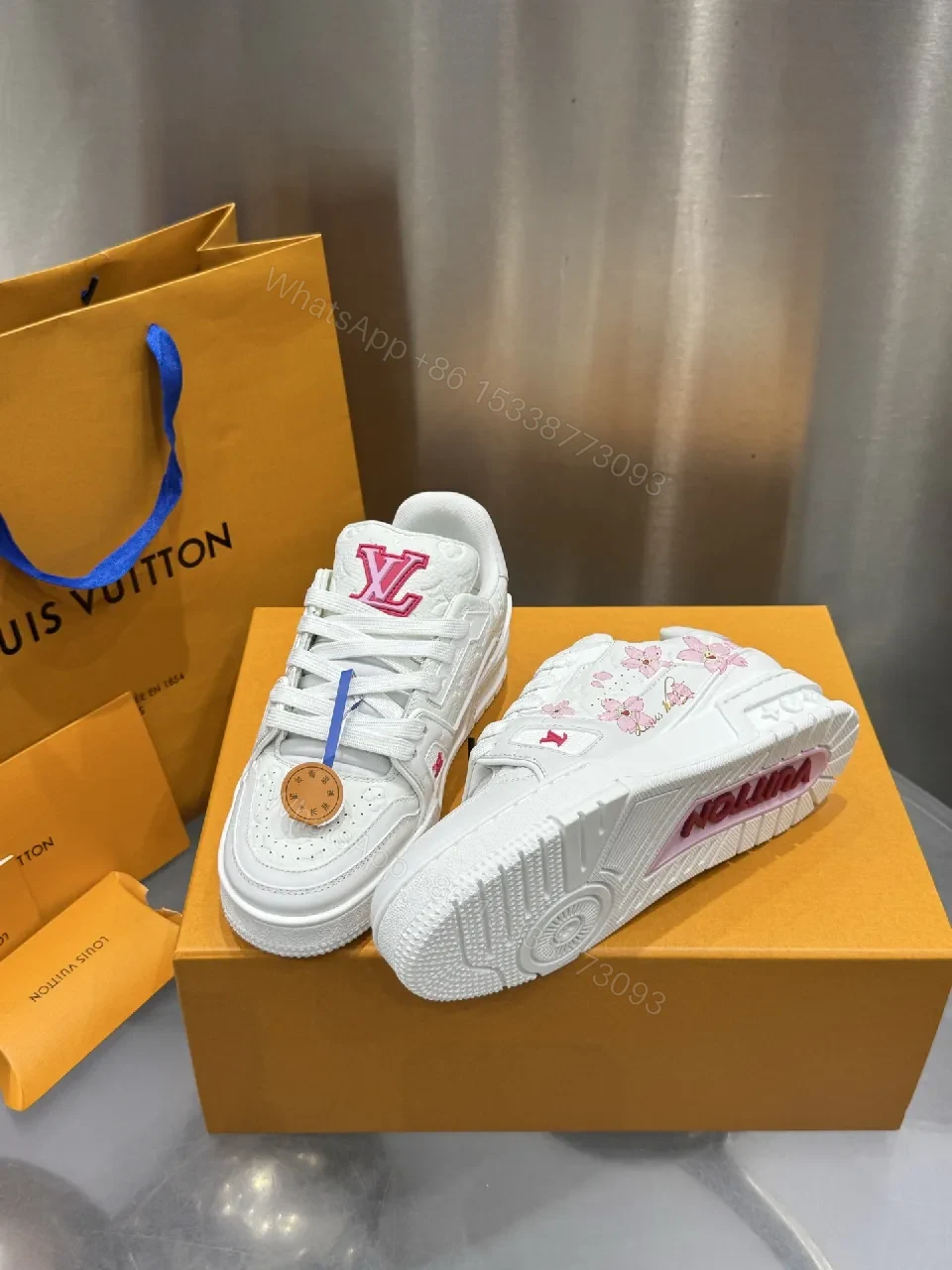View 7 of White Leather Low-Top Trainer with Pink Embroidery Detail