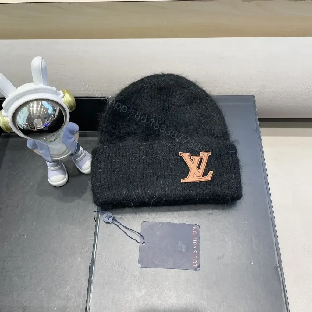 Cozy Knit Beanie with Rose-Gold LV Emblem — view 1