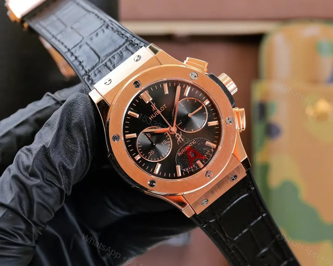 View 2 of Super Clone Hublot Classic Fusion Black Dial Rose Gold Leather Strap Premium 45MM HUBLOT-CF-RG-BLK45