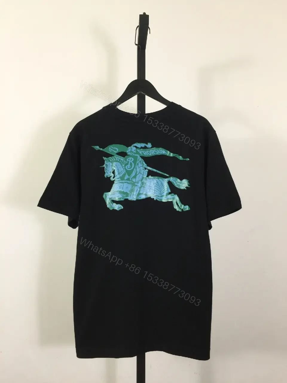 View 8 of Black Cotton T-shirt Regular Fit Turquoise Burberry Chest Text T-shirt