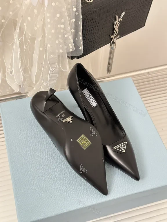 View 8 of Prada Black Leather Pumps â€“ Signature Triangle Logo, Pointed Toe