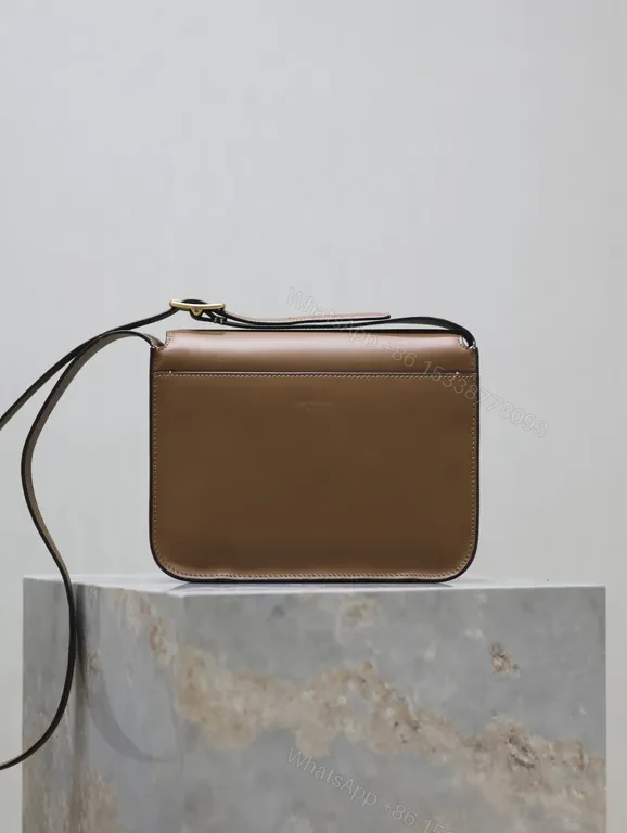 View 4 of Taupe Structured Leather Messenger Bag with Gold Logo, Minimalist Style