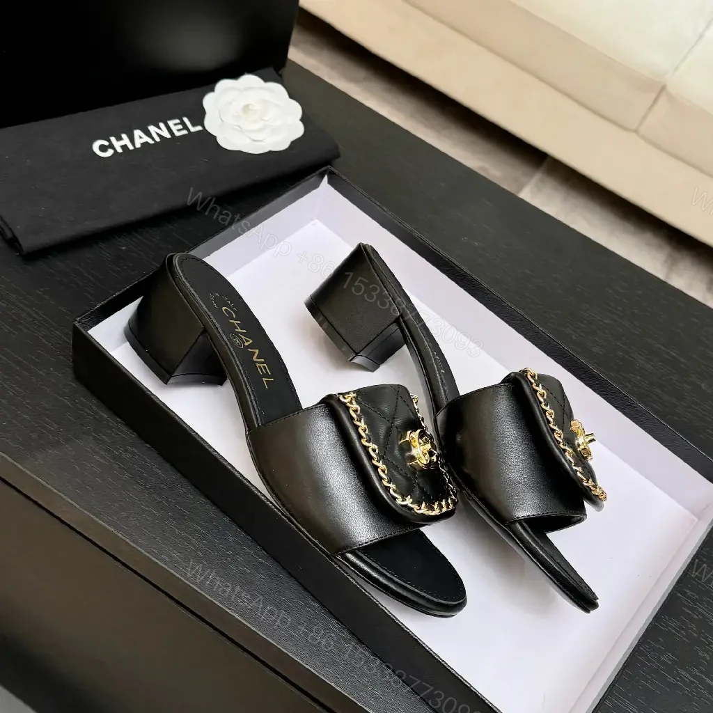 View 7 of Black Calfskin Mules with Gold Chain Link Accent - Open-Toe Block Heel