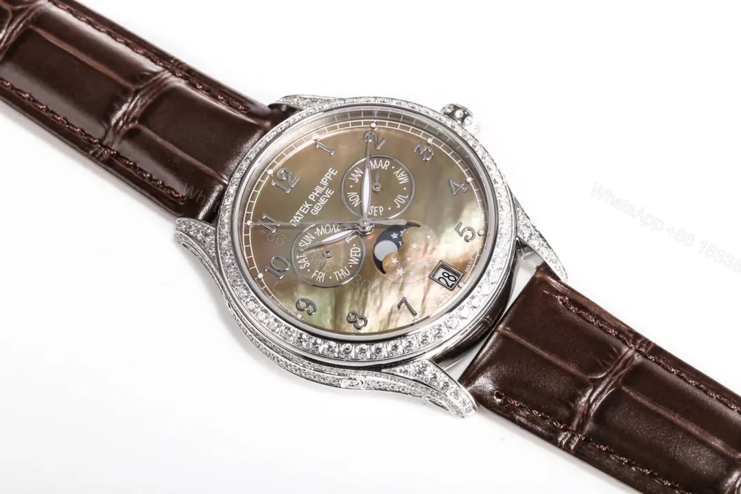 View 9 of Patek Philippe Complications Collection Annual Calendar Moon Phase Ladies’ Watch in Rose Gold/Silver with Diamond Set Case Brown Leather Strap
