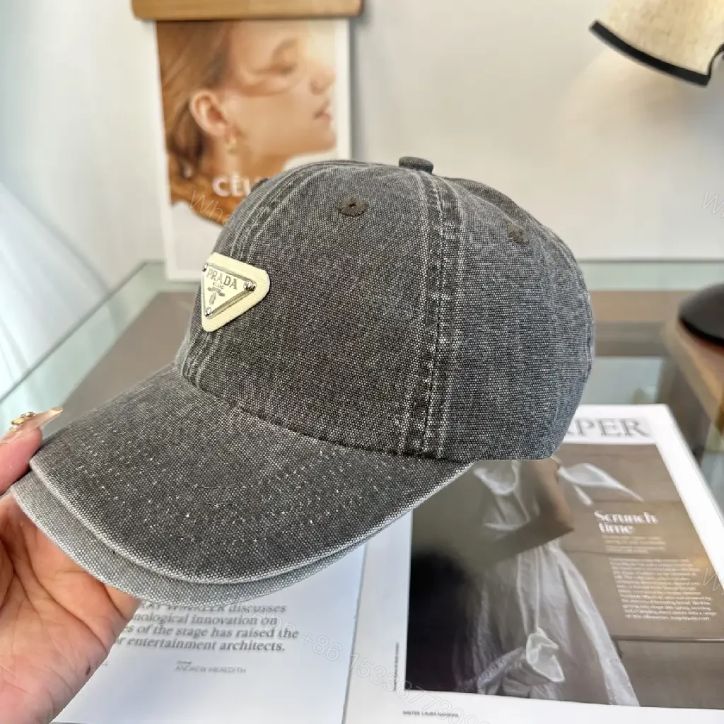 View 8 of Washed Dark Gray Denim Cap, Curved Brim, Distressed Texture, Prada Patch