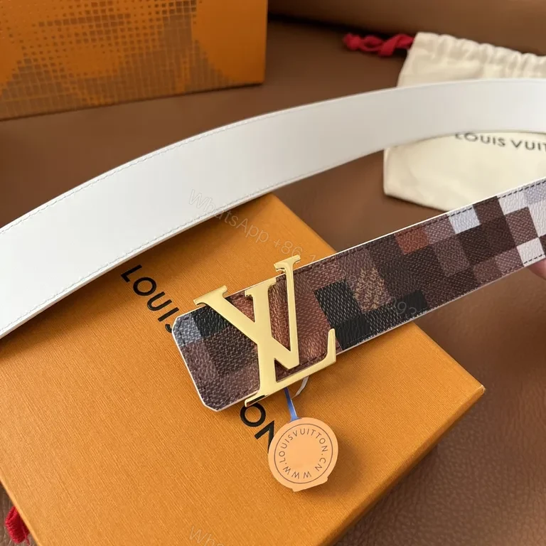 View 7 of Statement Pattern Leather Belt with LV Buckle - Luxury Brown/Black Belt