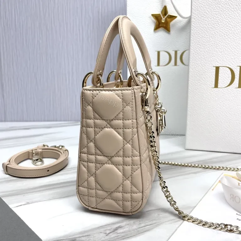 View 2 of Beige Vegan Leather Quilted Handbag with Dior Charm