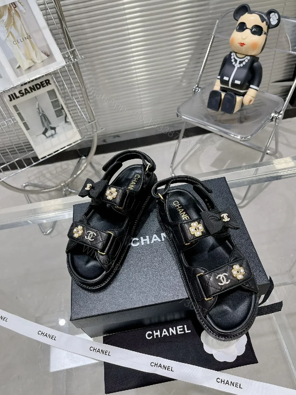 View 8 of Quilted Black Sandal: Pearl-Embellished Chic Comfort Sandal