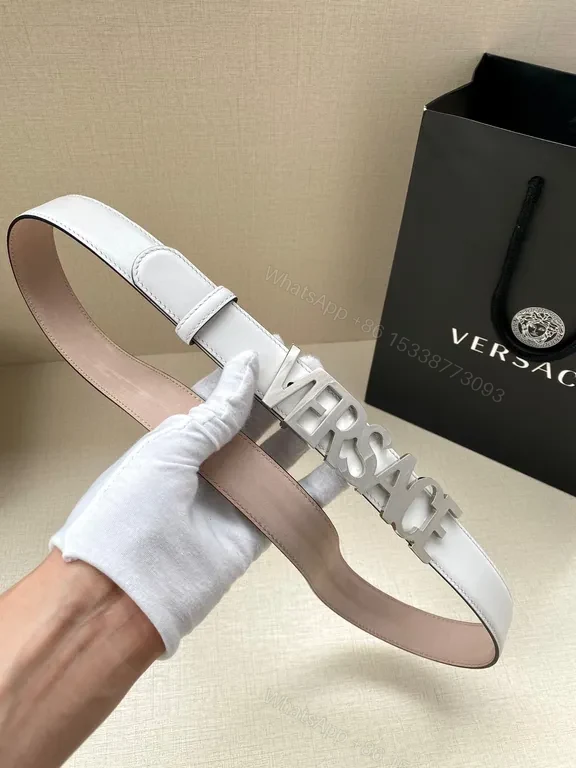 View 5 of Versace Belt: Pink-Lined Gray Leather with Oversized Logo Buckle