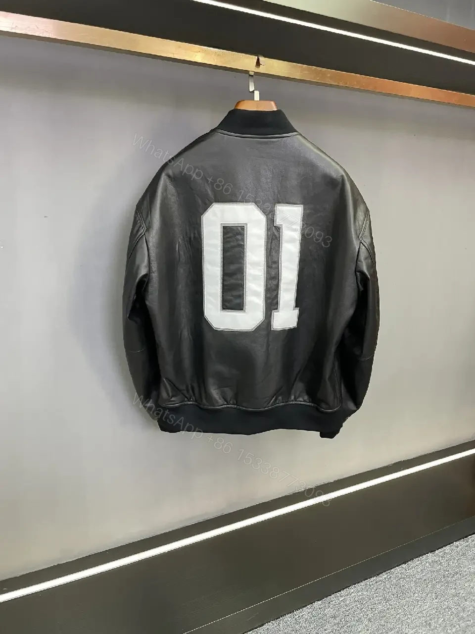 View 7 of Bold Leather-Backed Varsity Jacket with Script Detail