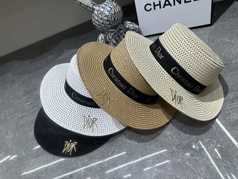 Beige Straw Wide-Brim Hat with Dior Band (Emblem) — view 1