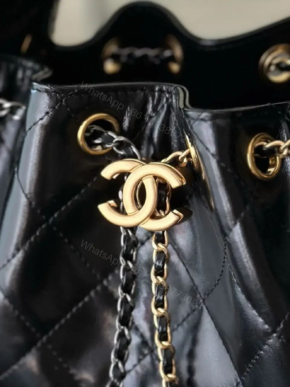 View 8 of Quilted Leather Chain-Detail Shoulder Bag, Black, Lux Style, Everyday Carry