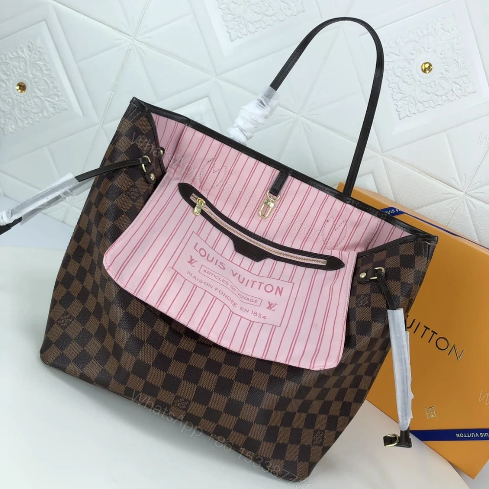 View 6 of Louis Vuitton Damier Ebene Neverfull MM Brown And Light Pink 32Cm N41603