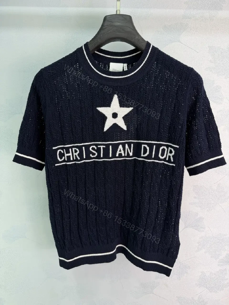 View 6 of White/Gray/Black Knit Short-Sleeve with Star Logo, Cable Knit, Dior Banner