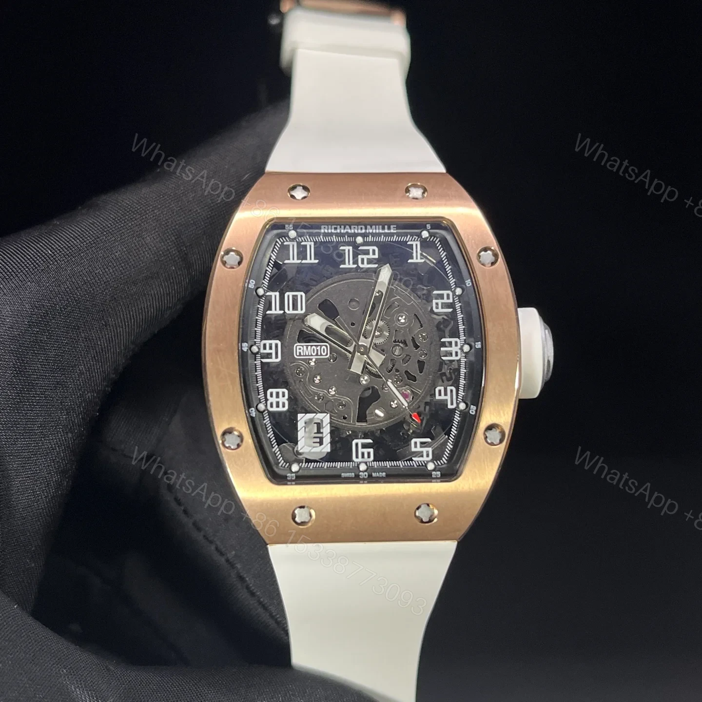 View 2 of Richard Mille RM010 Titanium Skeleton Automatic Gold Bezel White Strap Watch RM010-GW