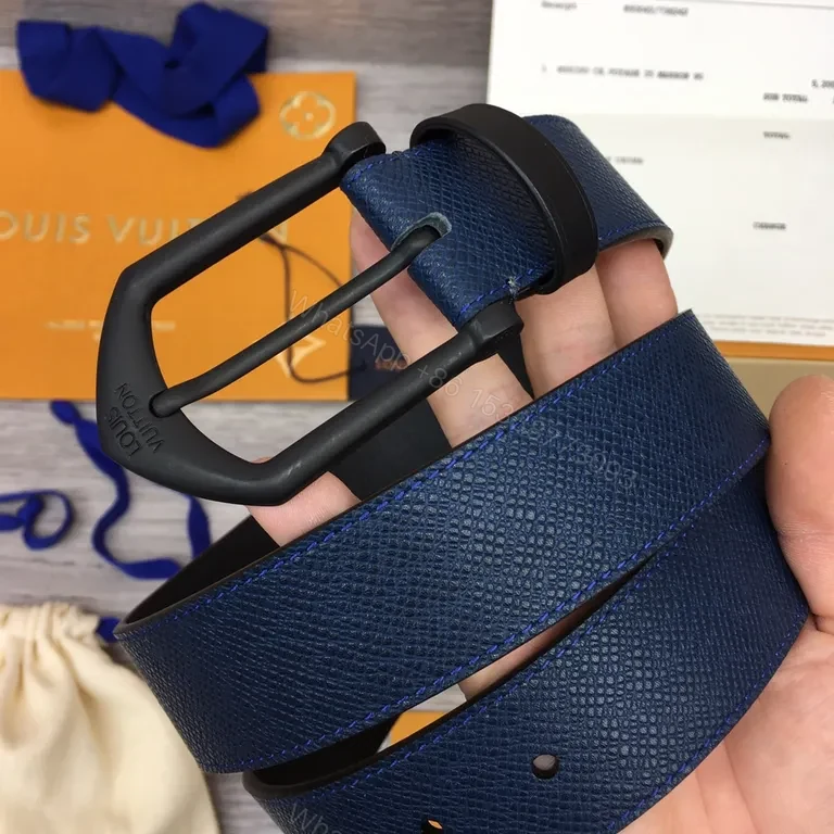 View 7 of Blue Textured Leather Belt â€“ Louis Vuitton Style, 40mm, Gold-Standard Quality