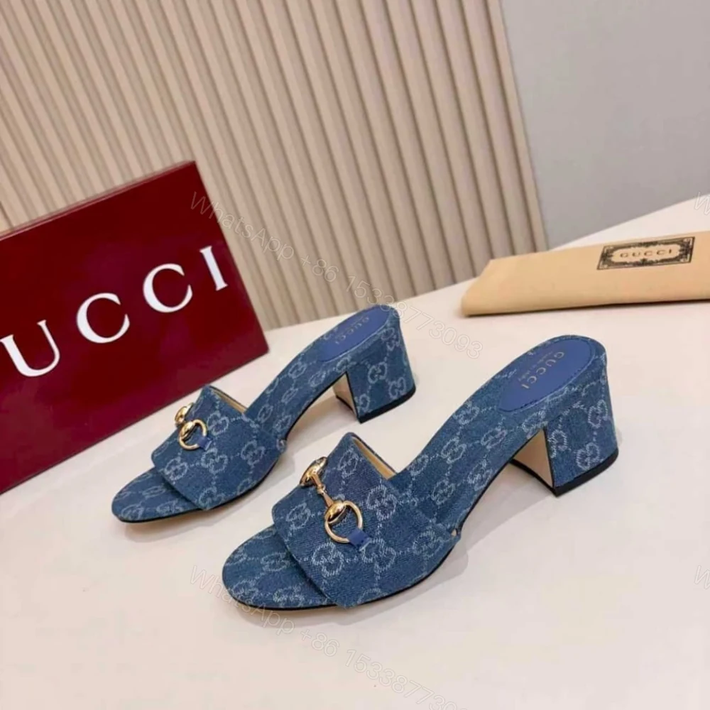 View 4 of Gucci Women Slide Sandal With Horsebit Blue GG Denim 854882 FAFGT 4746