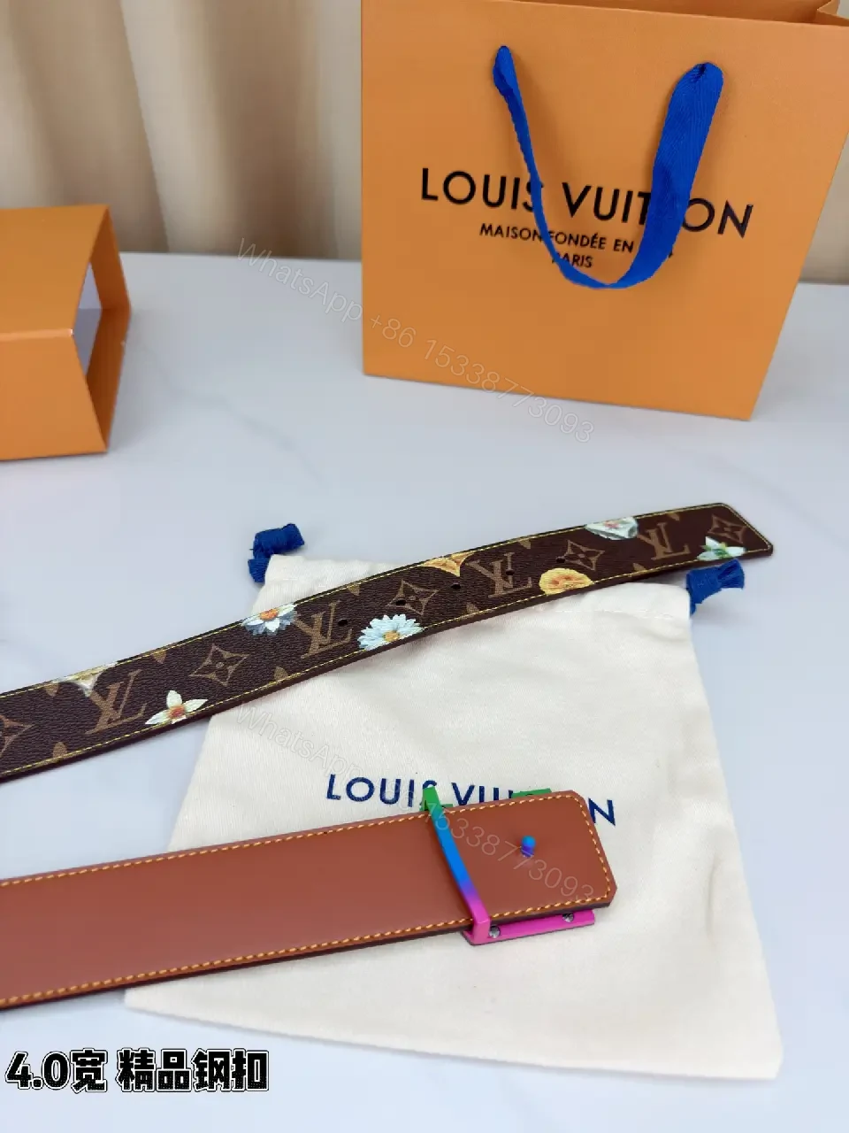 View 8 of Floral-Accent Canvas Belt with Luxe Buckle, Unisex