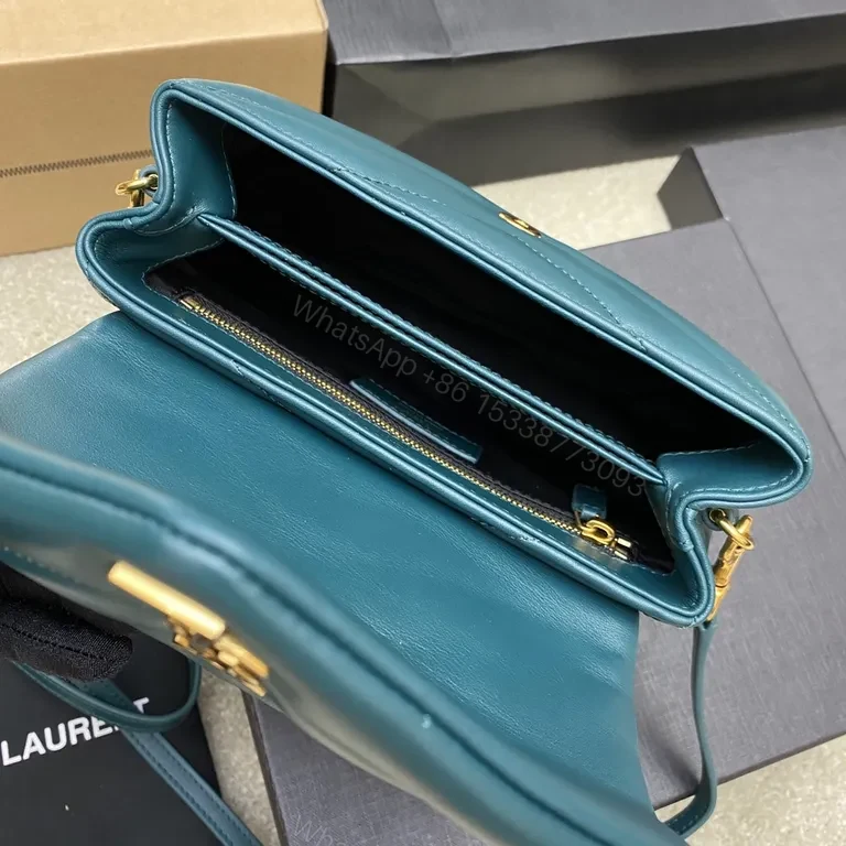 View 7 of Teal Quilted Flap Bag with Gold YSL Accent - Compact Luxury