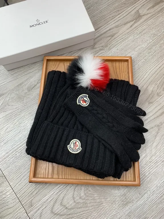 View 6 of Chic Black Wool Cable-Knit Set: Moncler Scarf & Beanie Gloves