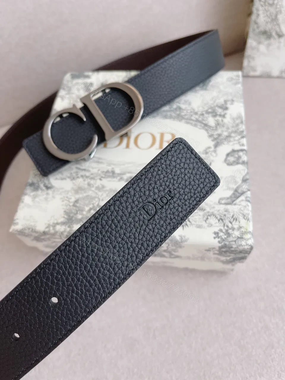 View 2 of Black Leather Belt, Double-Hardware Buckle, Slim Style Belt