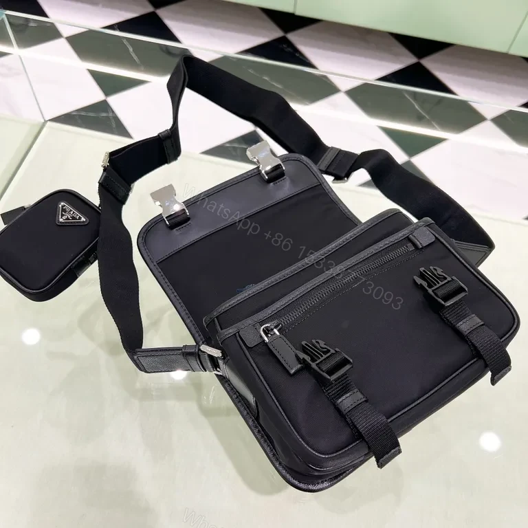 View 2 of Black Nylon Compact Messenger with Prada Logoâ€”Premium Designer Style