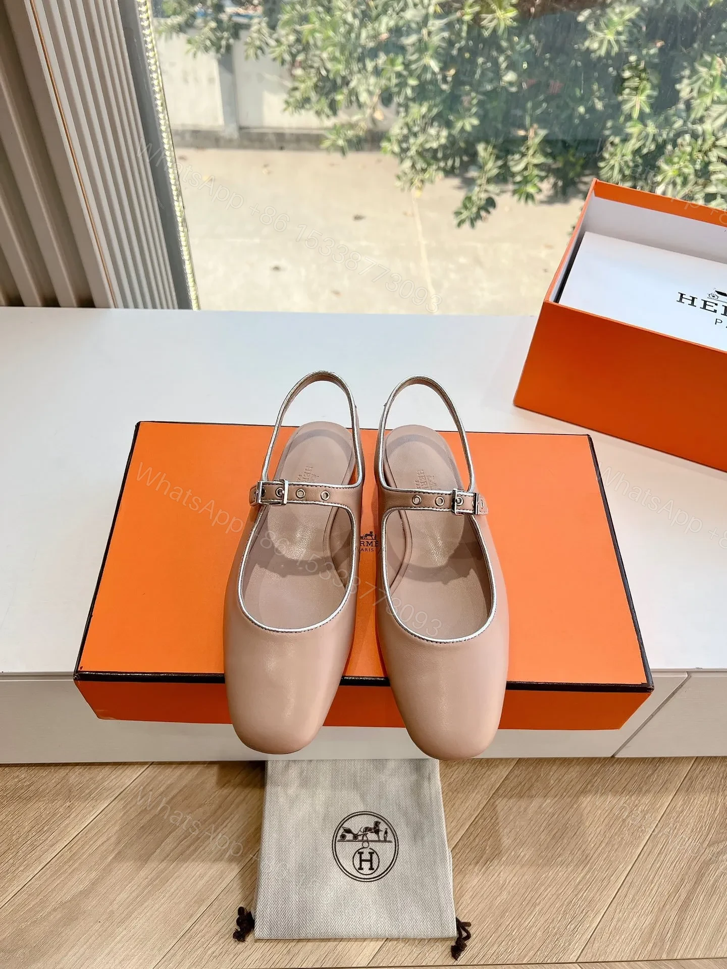 Hermes Women Beige Leather Mary Jane Flats — view 1
