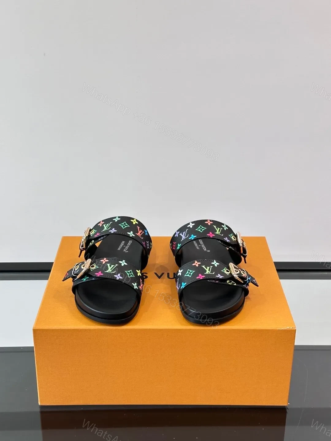 View 2 of LV Men Black Leather Multicolor Monogram Slides