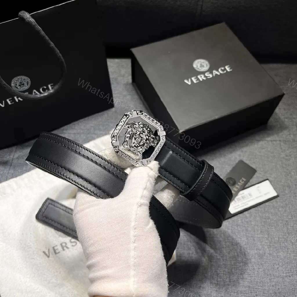 Bold Black Leather Belt with Medusa Buckle - Crystalline Edge Accessory — view 1