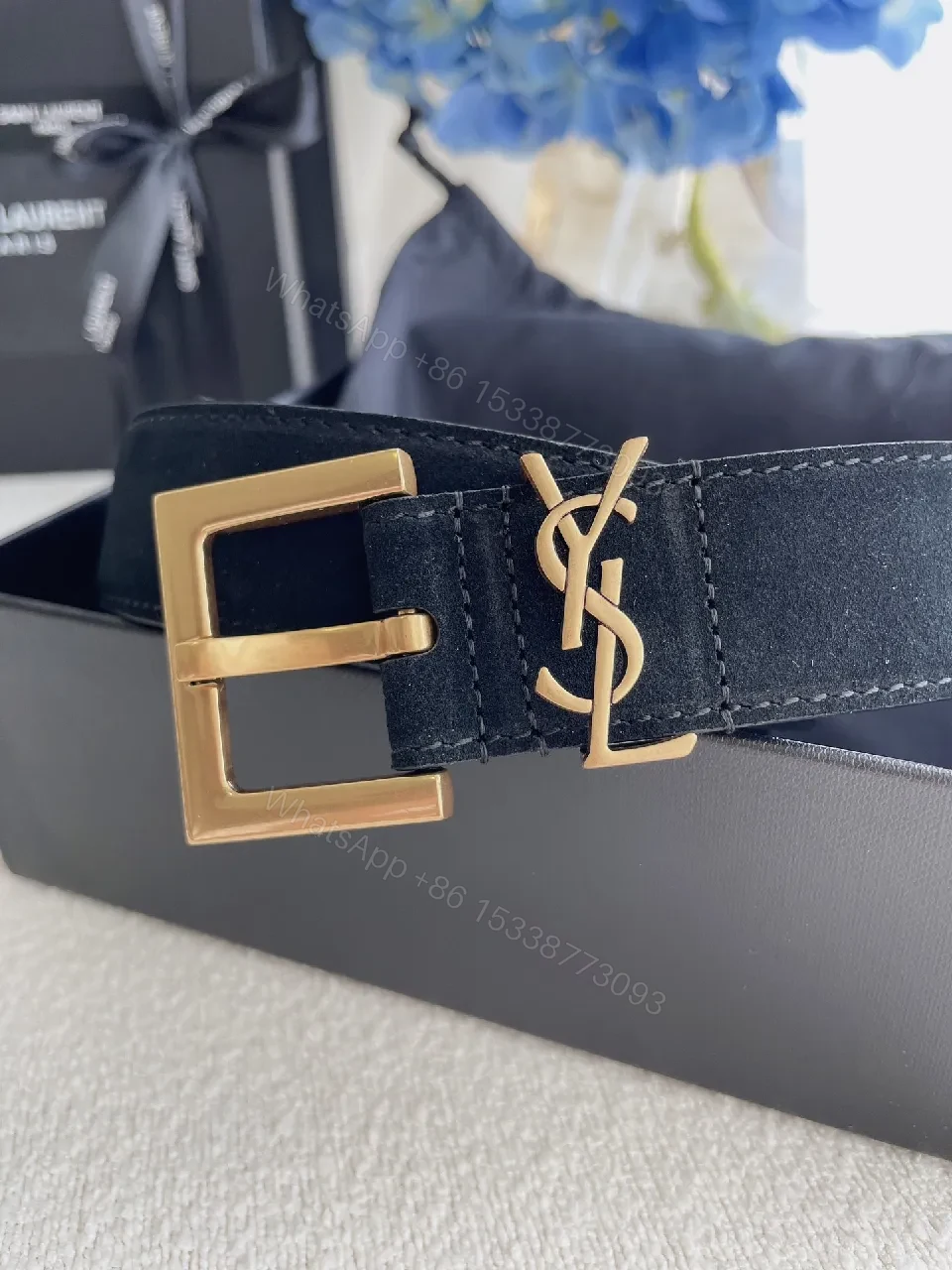 View 4 of Lux Black Leather Belt with Gold Buckle, Subtle Luxury Belt